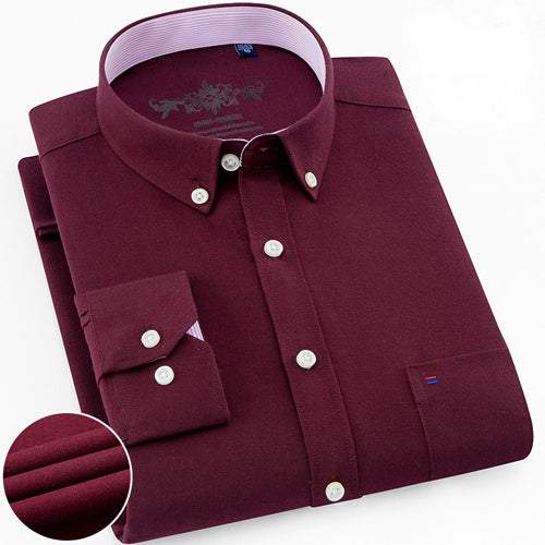 Men's Regular-Fit Long-Sleeve Shirt Sturdy Knit Oxford Plaid Striped Shirt