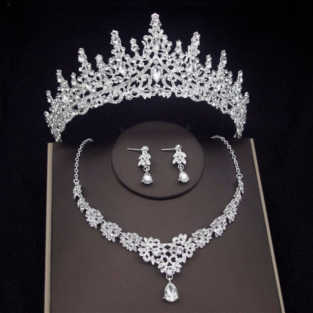 Luxury Crystal Bridal Jewelry Sets Women's Tiaras Earrings Choker Necklace