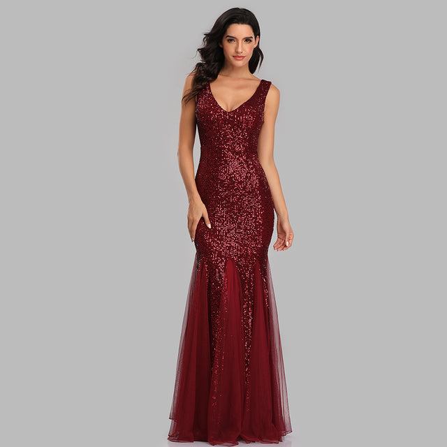 Neck Mermaid Burgundy Dress Formal Prom Party GownFemale Plus Size V Neck Mermaid Burgundy Dress Formal Prom Party Gown