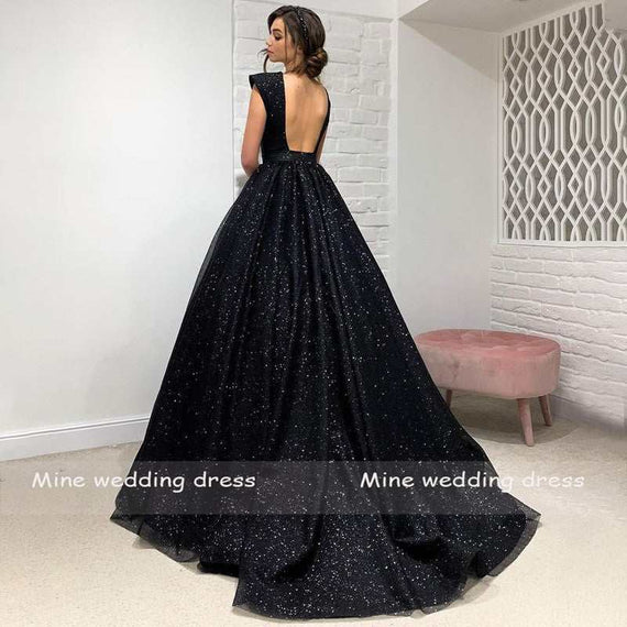Elegant Sexy V-Neck Wedding Dress Cap Sleeve Sequined Backless A-Line Dress