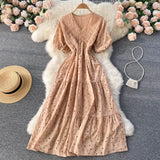 Women's Summer Fashion Hollow Out V-neck Dress Loose Seaside Casual Dress