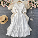 Women's Summer Fashion Hollow Out V-neck Dress Loose Seaside Casual Dress