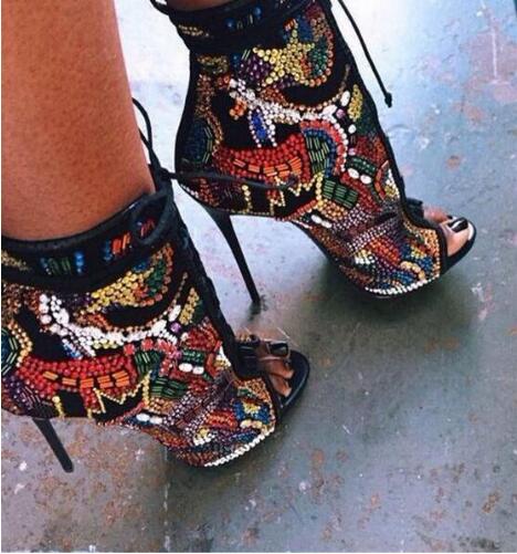 Women's Boots Multicolor Crystal Ankle Boots Open Toe Lace-up Shoes - Acapparelstore