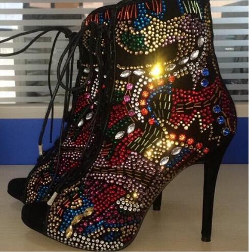 Women's Boots Multicolor Crystal Ankle Boots Open Toe Lace-up Shoes