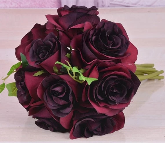 Silk Rose Bouquet Flower Dark Red Wine Bouquet Bridesmaids Bouquet - Acapparelstore