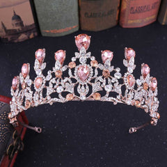Luxury Pink Crystal Leaf Wedding Crown Queen Tiara Bride Headband Bridal Accessories