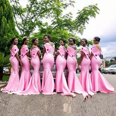 Pink Bridesmaid Dresses Long Mermaid Beads Off Shoulder Party Gowns
