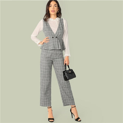 Women Classy Grey Double Button Wrap Peplum Plaid Top Without Blouse and Pants Set