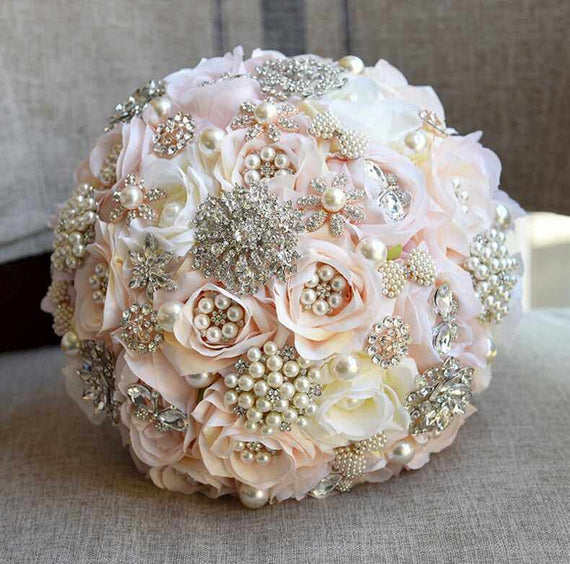 Round Blush Wedding Bouquet Teardrop Butterfly Brooches Bouquet