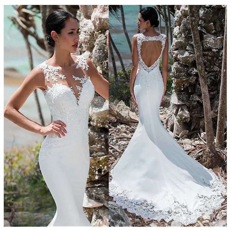 Beautiful Sleeveless Wedding Dress Lace Appliqued Illusion Back Boho Wedding Gown